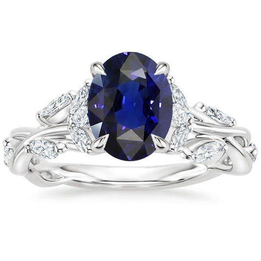 Diamond Gemstone Ring Leaf Style Oval Cut Blue Sapphire 5 Carats