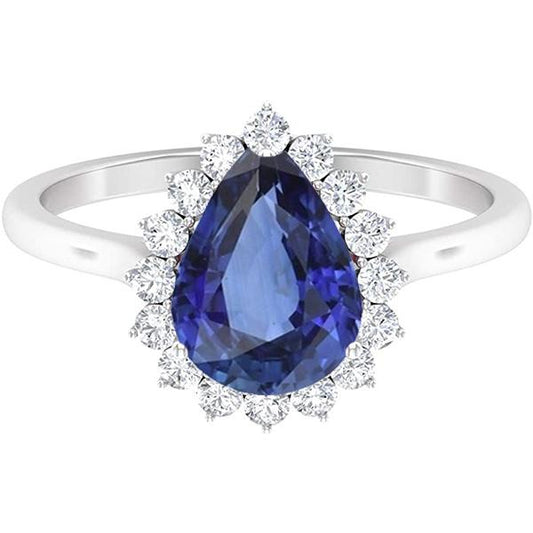 Diamond Halo Anniversary Pear Shaped Blue Sapphire Ring 4.50 Carats