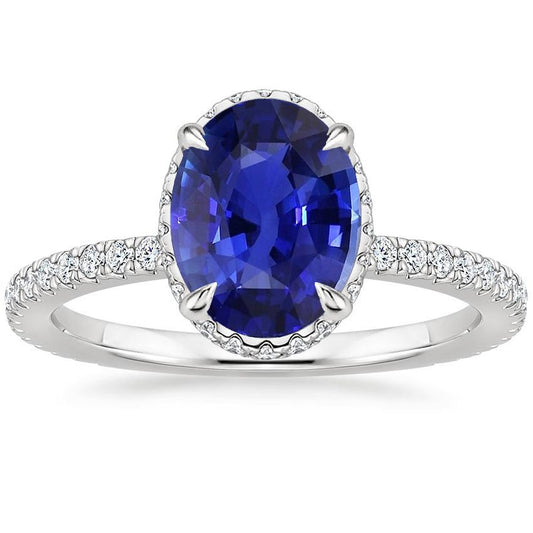 Diamond Halo Anniversary Ring Oval Sri Lankan Sapphire 4 Carats