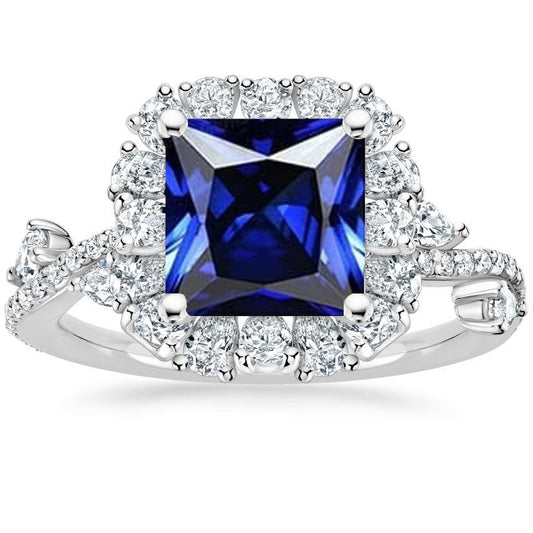 Diamond Halo Blue Sapphire Ring Princess Cut With Accents 7.50 Carats