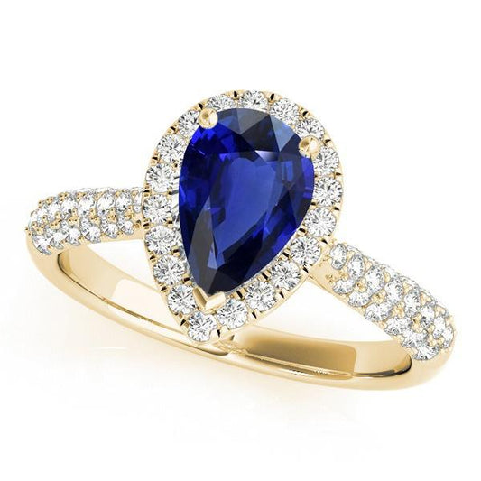 Diamond Halo Blue Sapphire Wedding Ring Yellow Gold 5 Carats