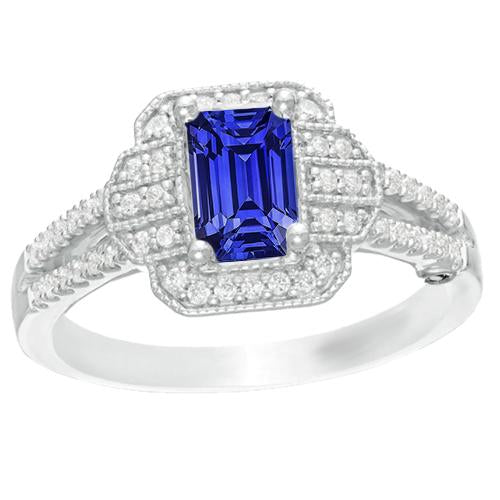Diamond Halo Emerald Blue Sapphire Ring Vintage Style 4 Carats Gold