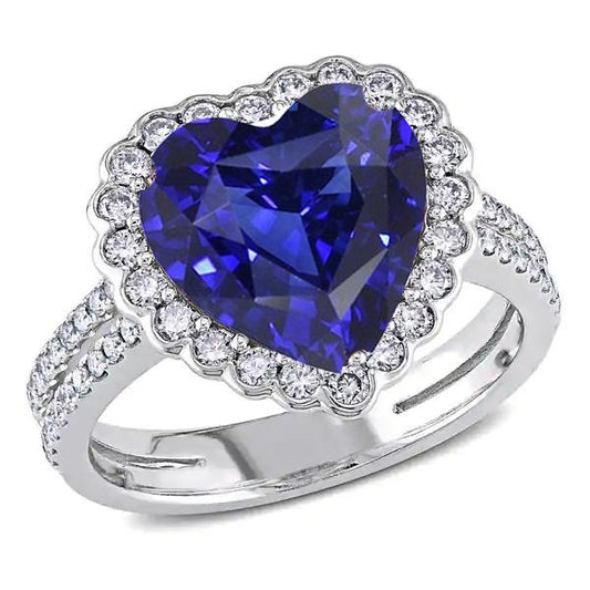 Diamond Halo Heart Ceylon Sapphire Ring Double Shank 5 Carats