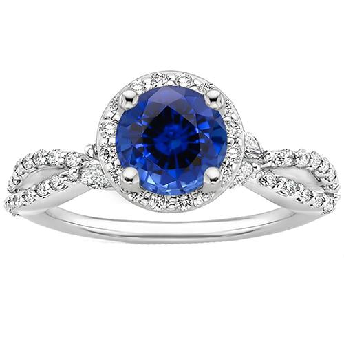 Diamond Halo Jewelry Deep Blue Sapphire Split Shank Prong Set 3 Carats