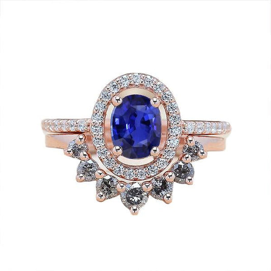 Diamond Halo Oval Engagement Ring Set Blue Sapphire 3.50 Carats Gold