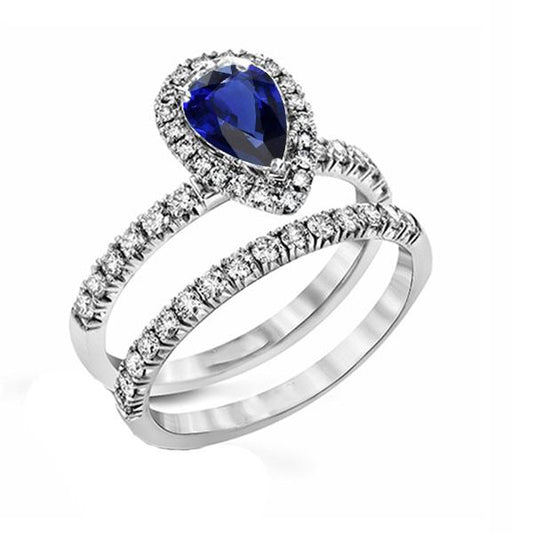 Diamond Halo Pear Sri Lankan Sapphire Wedding Ring Set 2.50 Carats