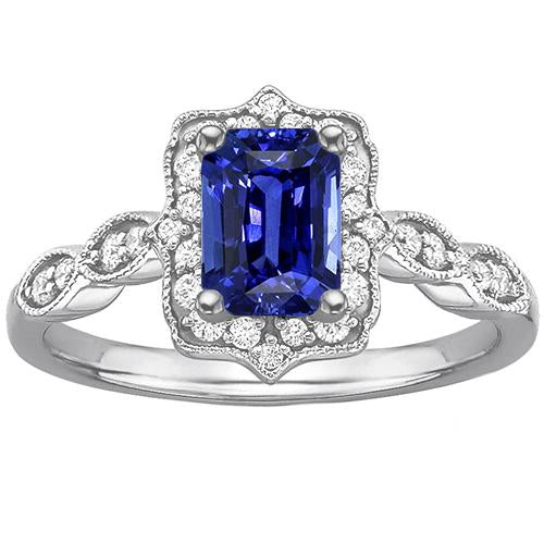 Diamond Halo Ring Emerald Sri Lankan Sapphire 4 Carats White Gold 14K