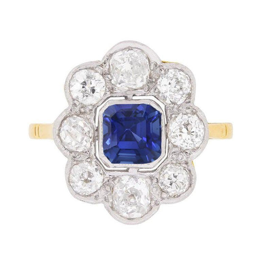 Diamond Halo Sapphire Ring Bezel Set Asscher Cut Flower Style 4 Carats
