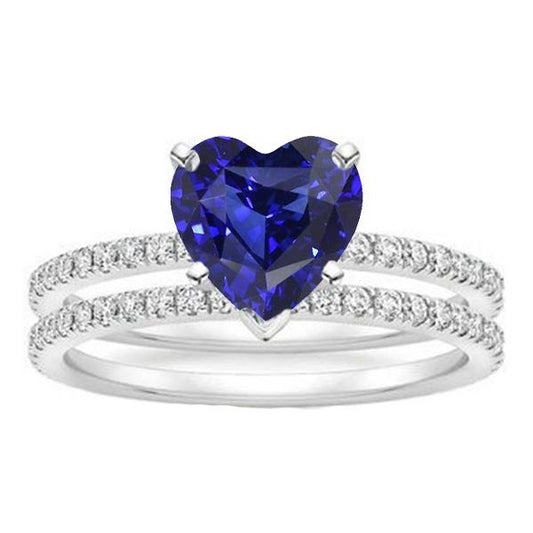 Diamond Heart Blue Sapphire Wedding Ring Set 3.50 Carats Jewelry