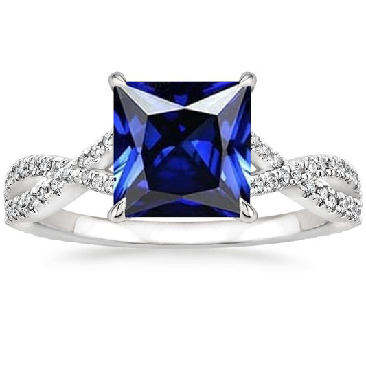 Diamond & Princess Sapphire Ring With Accents 6.50 Carat Twisted Shank