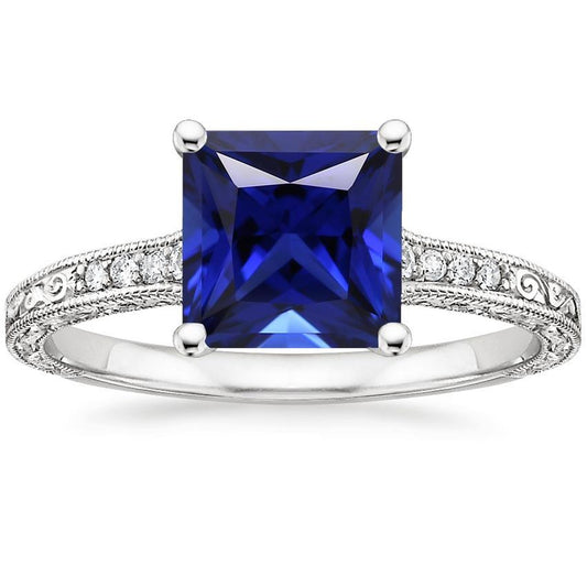 Diamond & Princess Sri Lankan Sapphire Antique Style Ring 5.25 Carats