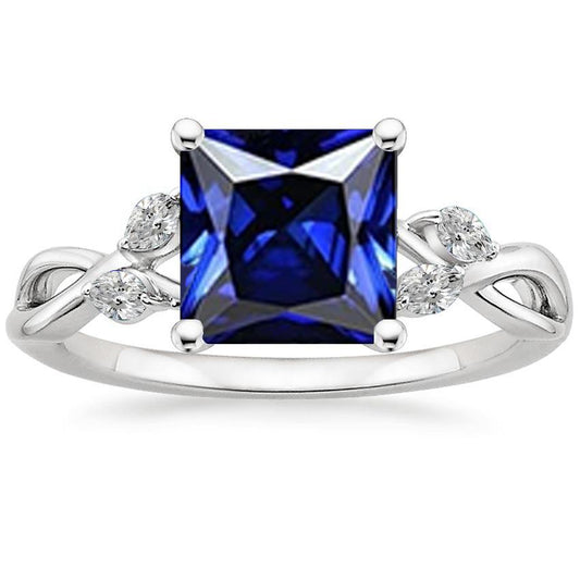 Diamond Ring Princess Blue Sapphire & Pear Diamond Accents 5.25 Carats