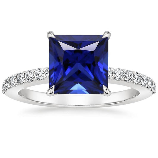 Diamond Ring Sri Lankan Sapphire 5.50 Carats Princess Cut with Accents
