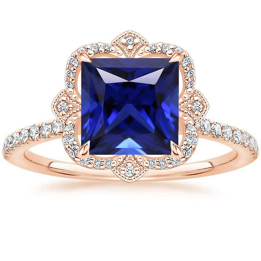 Diamond Ring Vintage Style Princess Blue Sapphire With Accents 6 Carat