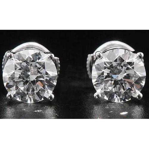 Diamond Stud Earrings 2 Carats Four Prong Round White Gold 14K