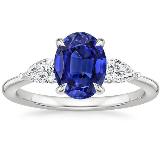Diamond Three Stone Ring Oval Cut Ceylon Sapphire 3.50 Carats