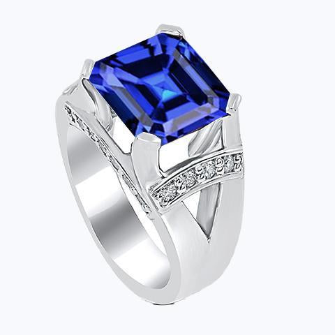 Diamond Wedding Ring Asscher Blue Sapphire Gold V Split Shank 3 Carats