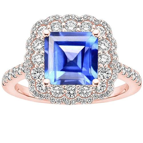 Double Halo Diamond Engagement Ring 5 Carats Asscher Ceylon Sapphire