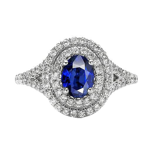 Double Halo Diamond Ring With Oval Blue Sapphire Gold 14K 11.25 Carats