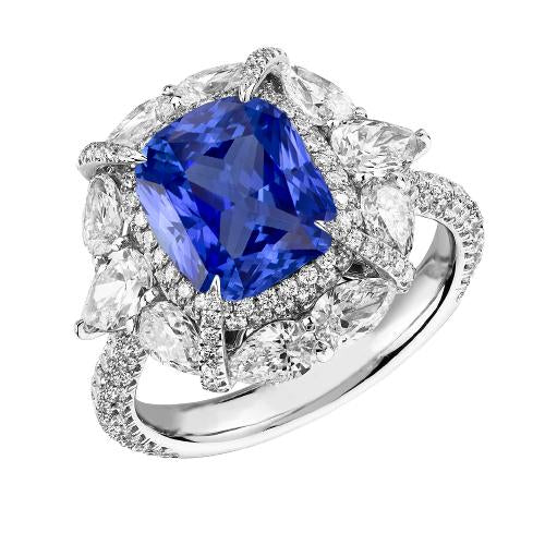 Double Halo Ring Cushion Sapphire Pear Pave Set Round Diamond 4 Carats