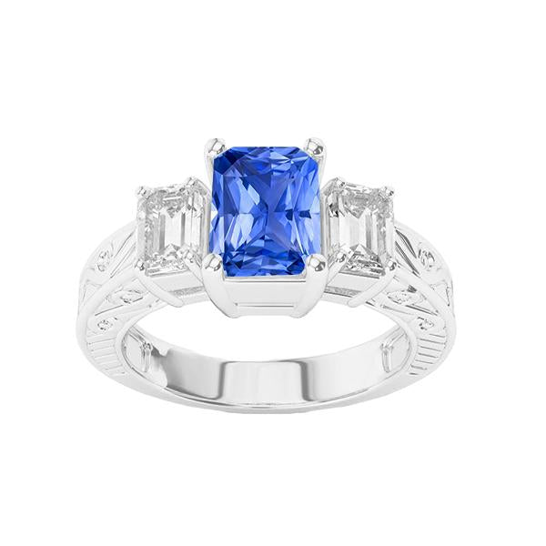 Emerald Diamond Vintage Style Ring 2 Carat Blue Sapphire Radiant Shape