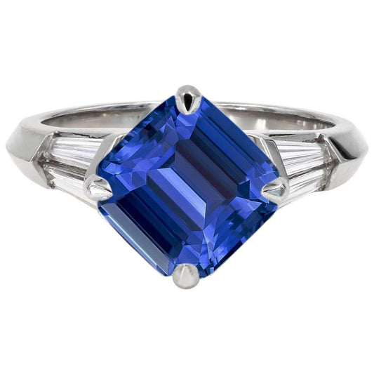 Emerald Gemstone Ring Ceylon Sapphire 6 Carat Tapered Baguette Diamond