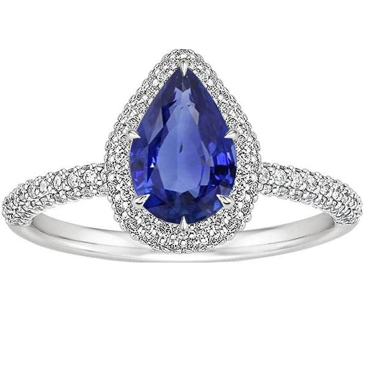 Engagement Halo Ring Pear Blue Sapphire & Diamonds 5.50 Carats