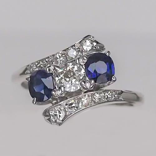 Engagement Old Cut Round Diamond & Blue Sapphire Ring 4 Carats