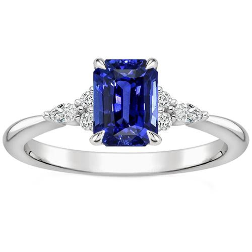 Engagement Ring Floral Style Emerald Blue Sapphire & Diamond 4 Carats
