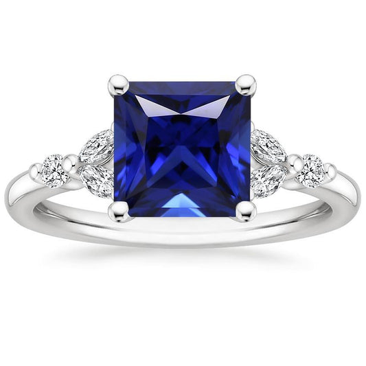 Engagement Ring Princess Cut Ceylon Sapphire and Diamond 5.5 Carat