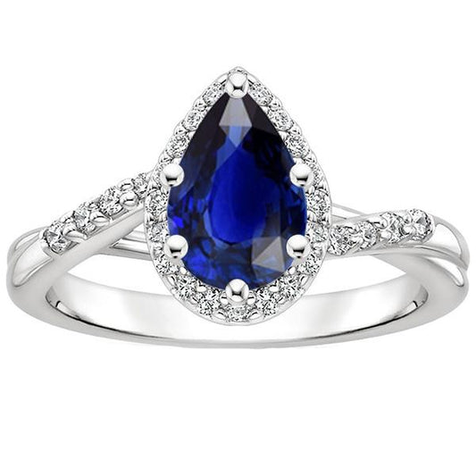 Engagement Ring Twist Style Pear Blue Sapphire & Diamonds 5 Carats