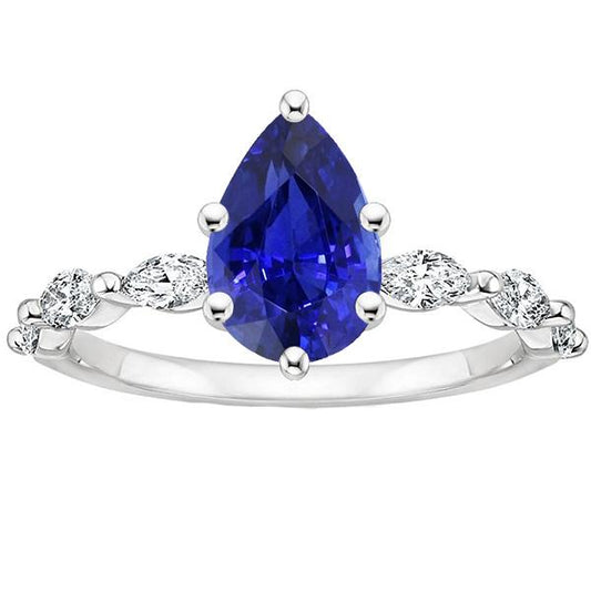Engagement Ring With Accents Pear Blue Sapphire & Diamonds 3.75 Carats