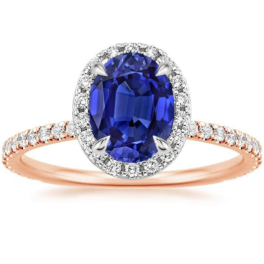 Gemstone Halo Ring Oval SriLanka Sapphire 5 Carats Two Tone Gold 14K