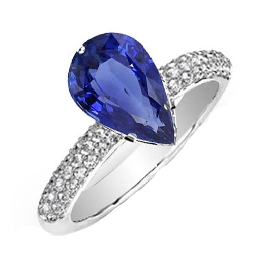 Gemstone Ring Pear Ceylon Sapphire & Pave Set Diamonds 5.50 Carats