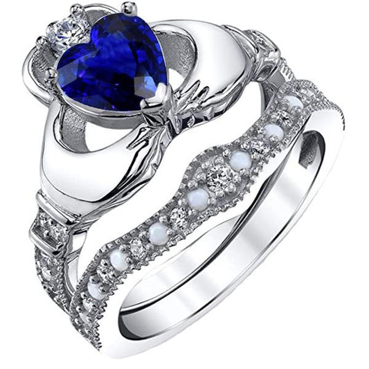 Gemstone Wedding Ring Set Heart Blue Sapphire 3 Carats Vintage Style