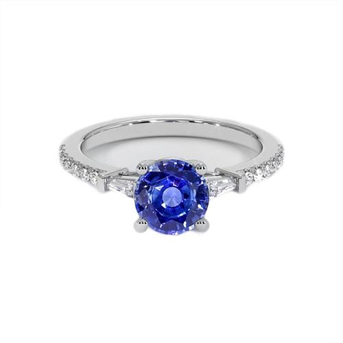 Gold Diamond Engagement Ring Blue Sapphire With Baguettes 3 Carats