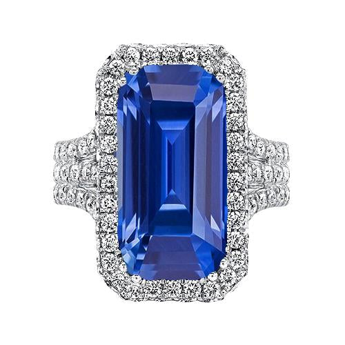 Gold Halo Diamond Emerald Cut Ceylon Sapphire Gemstone Ring 6 Carats