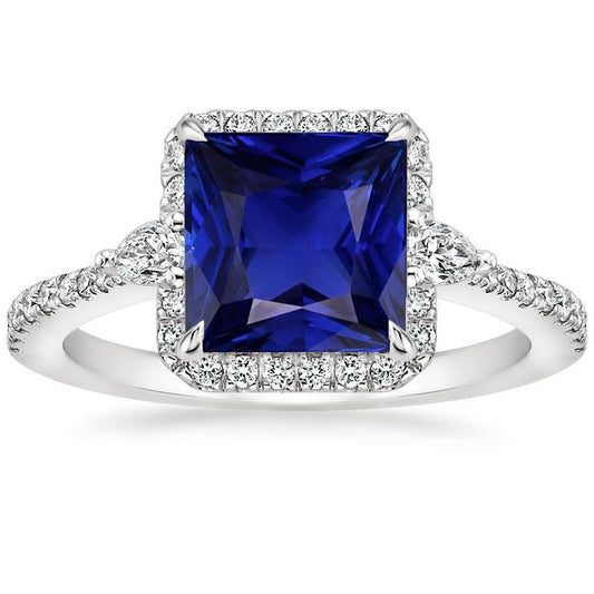 Gold Halo Diamond Ring Princess Blue Sapphire With Accents 6.25 Carats