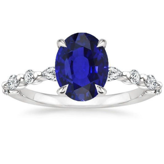 Gold Oval Blue Sapphire Diamond Ring Marquise & Round Cut 6 Carats New
