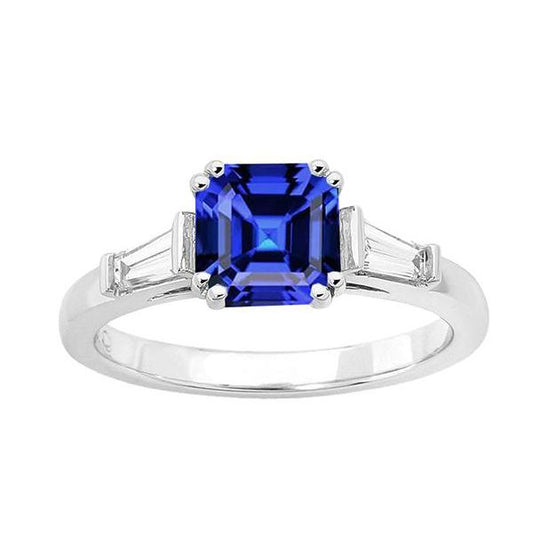 Gold Three Stone Asscher Sapphire Ring 2.50 Carats Baguette Diamonds