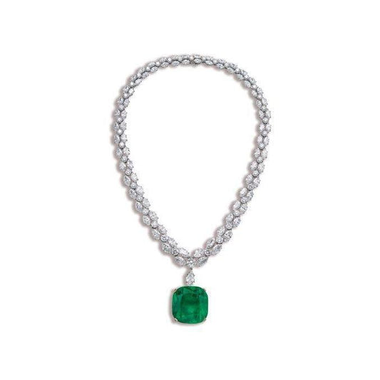 Green Emerald With Natural Earth Mined Diamonds Women Necklace White Gold 14K 48 Ct