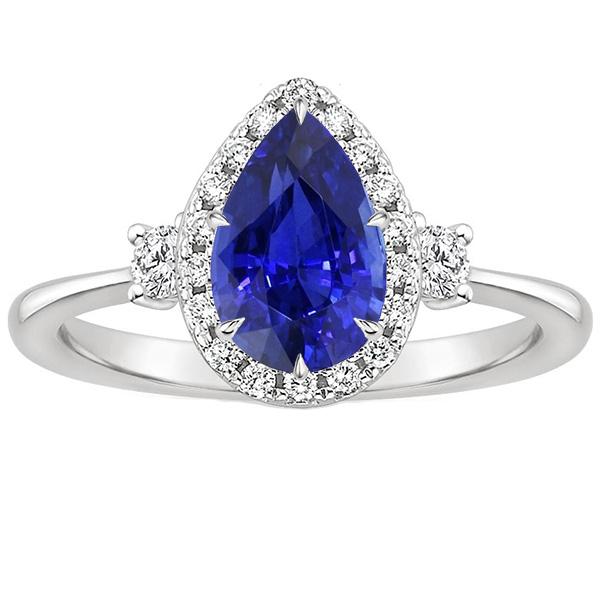 Halo 3 Stone Ring Pear Ceylon Sapphire & Diamonds 5 Carats