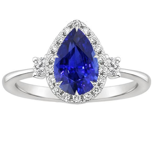 Halo 3 Stone Ring Pear Ceylon Sapphire & Diamonds 5 Carats