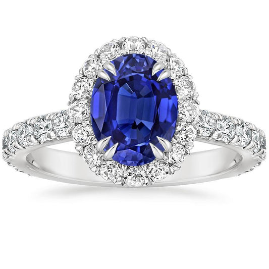 Halo Anniversary Ring Oval Blue Sapphire & Diamonds 5.50 Carats