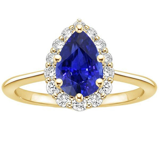 Halo Anniversary Ring Pear Ceylon Sapphire & Diamonds 3.50 Carats