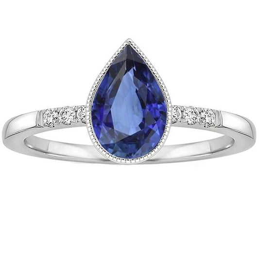 Halo Bezel Set Ring Pear Sri Lankan Sapphire & Diamonds 2.50 Carats