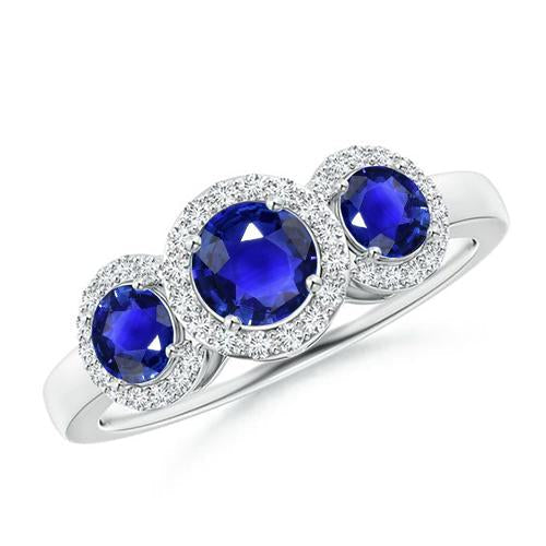 Halo Diamond 3 Stone Style Ceylon Sapphire Ring 4.50 Carats White Gold