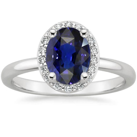 Halo Diamond Blue Sapphire Engagement Ring 4 Carats White Gold 14K