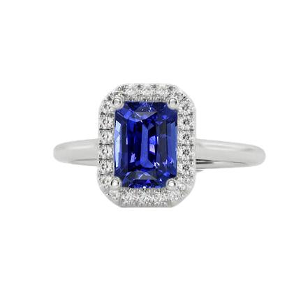 Halo Diamond Blue Sapphire Ring Emerald Cut 3 Carats White Gold 14K