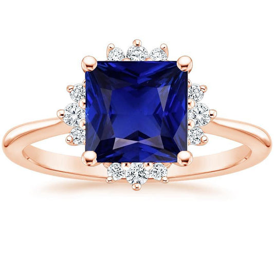 Halo Diamond Engagement Ring 6 Carats Princess Blue Sapphire Rose Gold